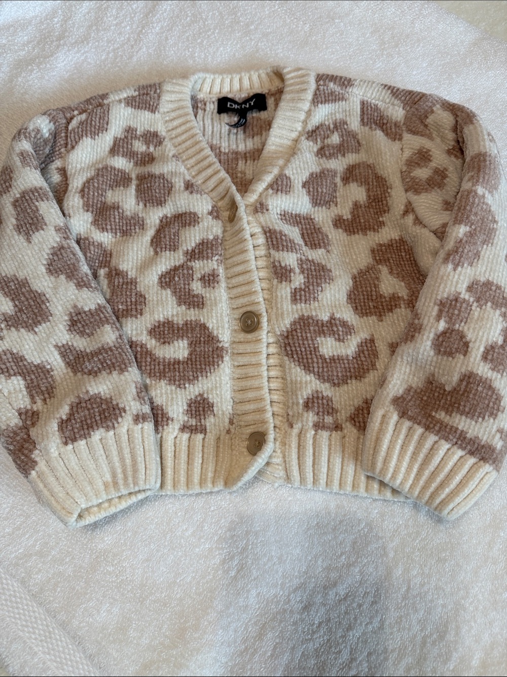 DKNY Cream and Taupe Leopard-Print Cardigan. 3T